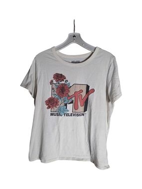 MTV Floral Logo Graphic Tee XL Cream Short Sleeve Music Television Shirt